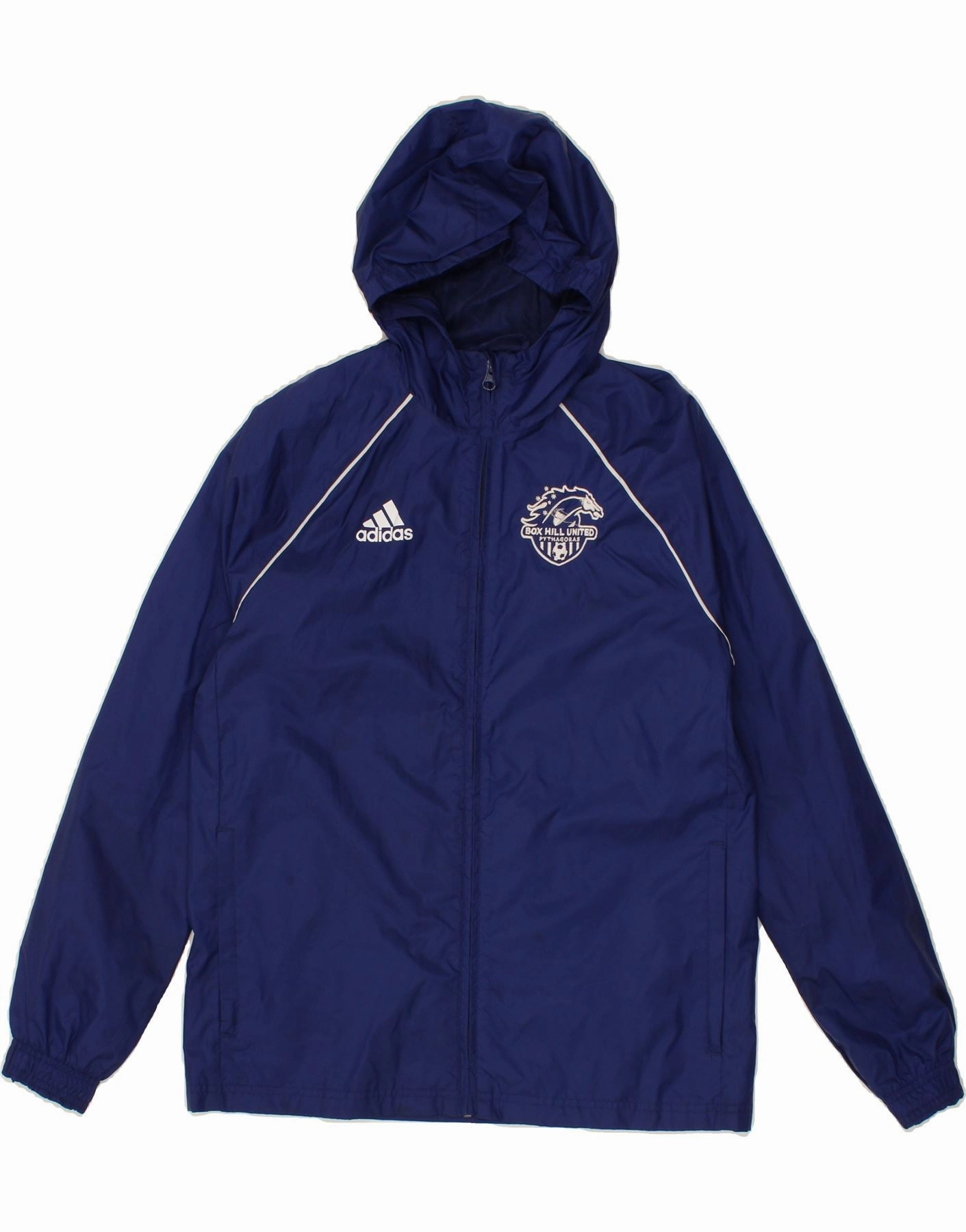 ADIDAS Boys Hooded Rain Jacket 13-14 Years Navy Blue Nylon Rugged Layering