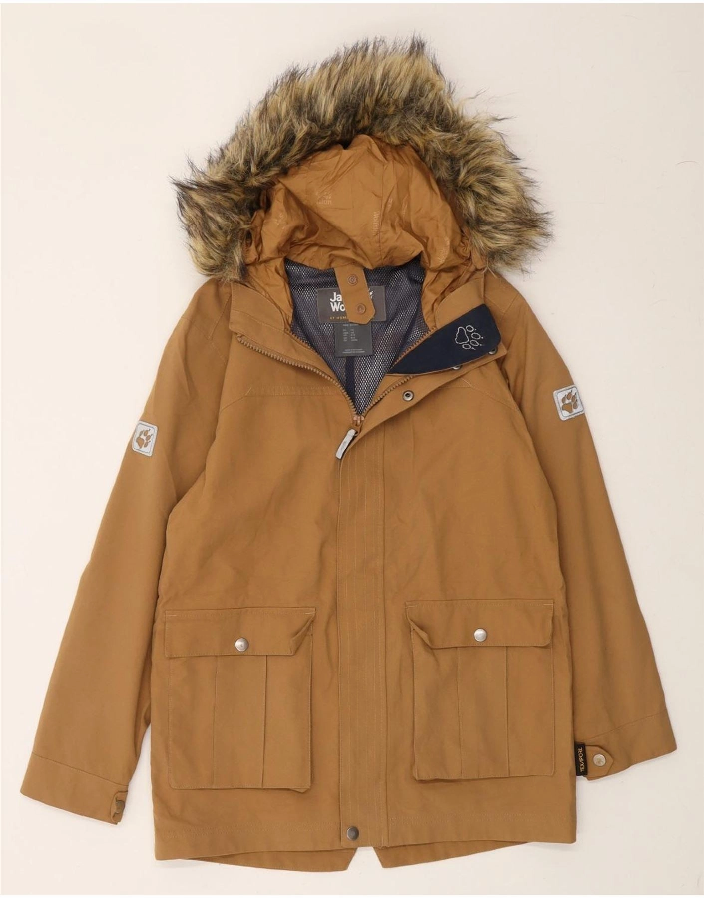 Ergonomic Pattern Storm Protection JACK WOLFSKIN Boys Hooded Parka Jacket 9-10 Years Beige Polyester