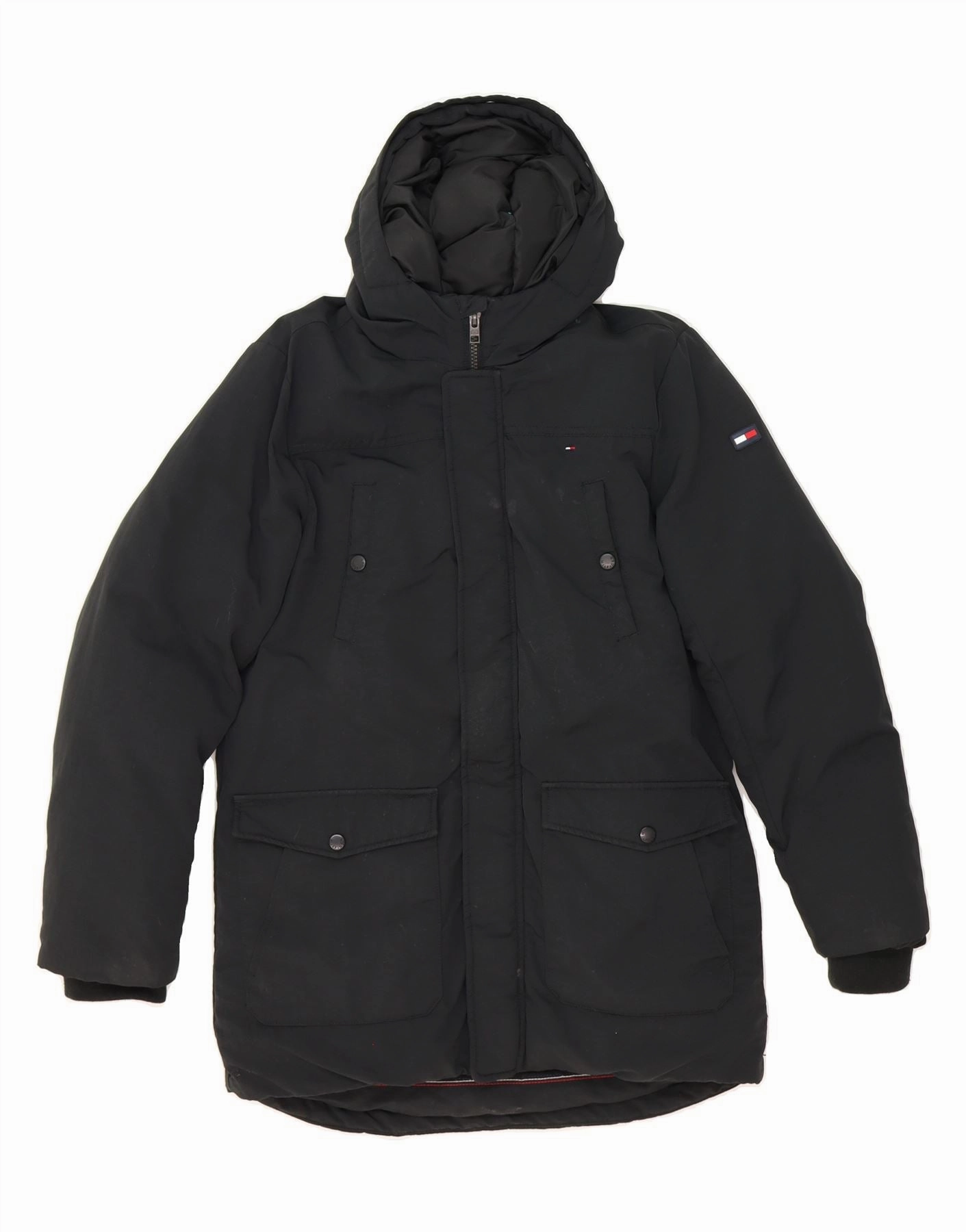adults TOMMY HILFIGER Boys Hooded Padded Coat 13-14 Years Black Polyamide