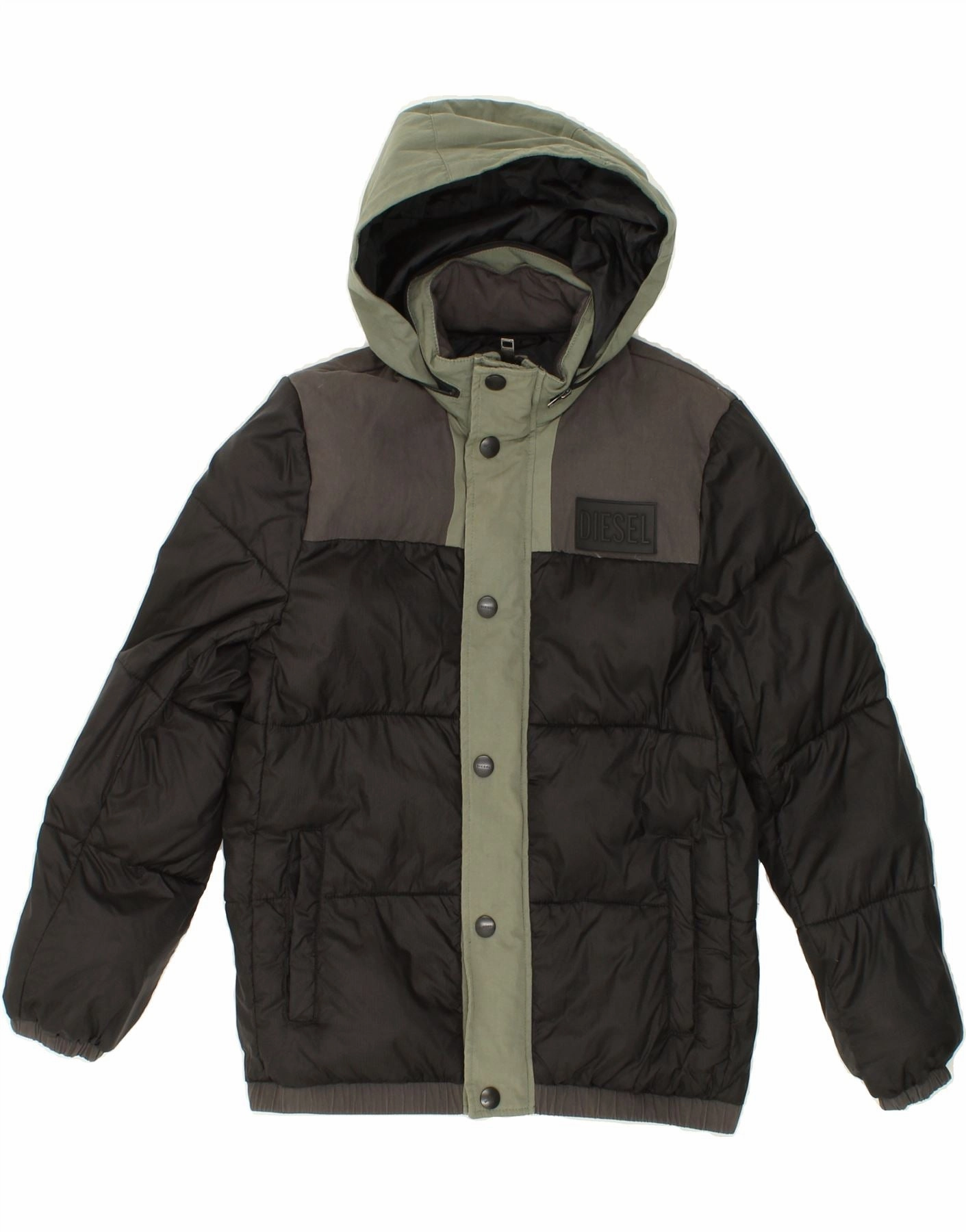 Double Layered Edging Win DIESEL Boys Hooded Padded Jacket 7-8 Years Black Colourblock Nylon