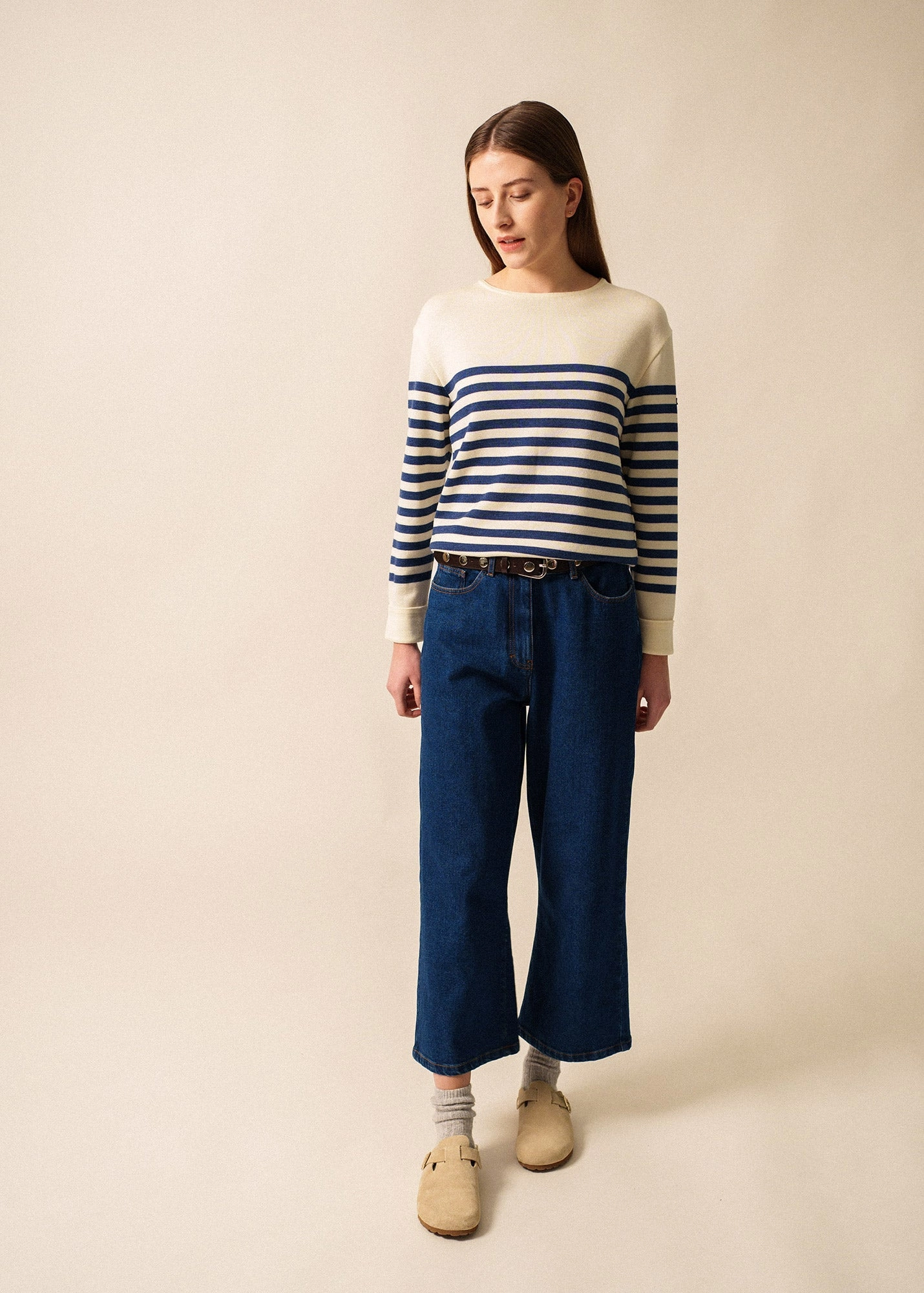 Side Slit Design Cozy Fit ECRINS - Striped Sweater in Soft Wool for Women (IVORY / DENIM BLUE)