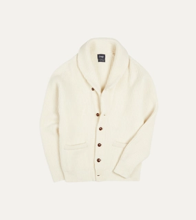 Ecru Lambswool Shawl Collar Cardigan Minimalist Stitching