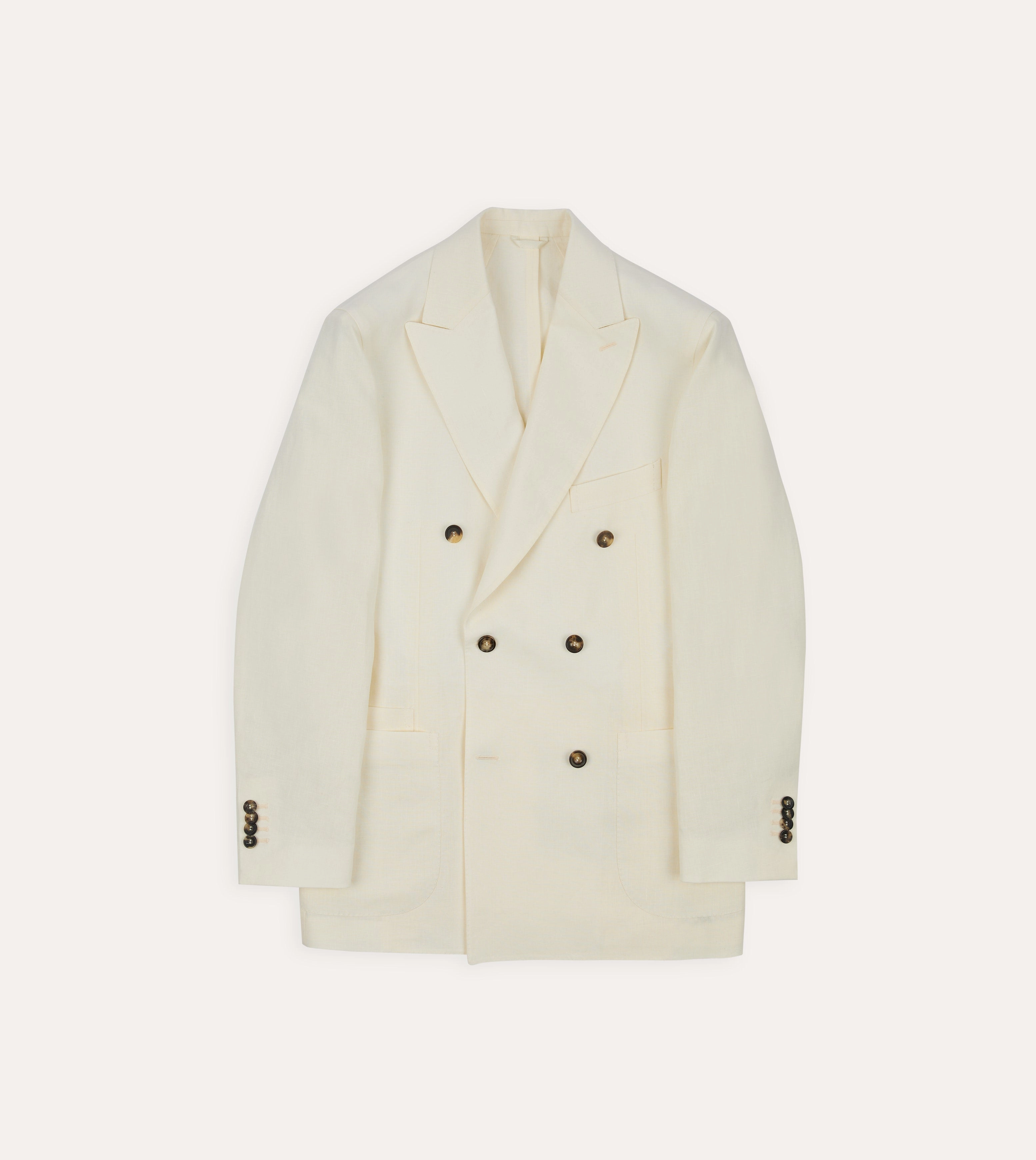 Ecru Linen Double-Breasted Tailored Jacket Work Ready Well-Fitted Look