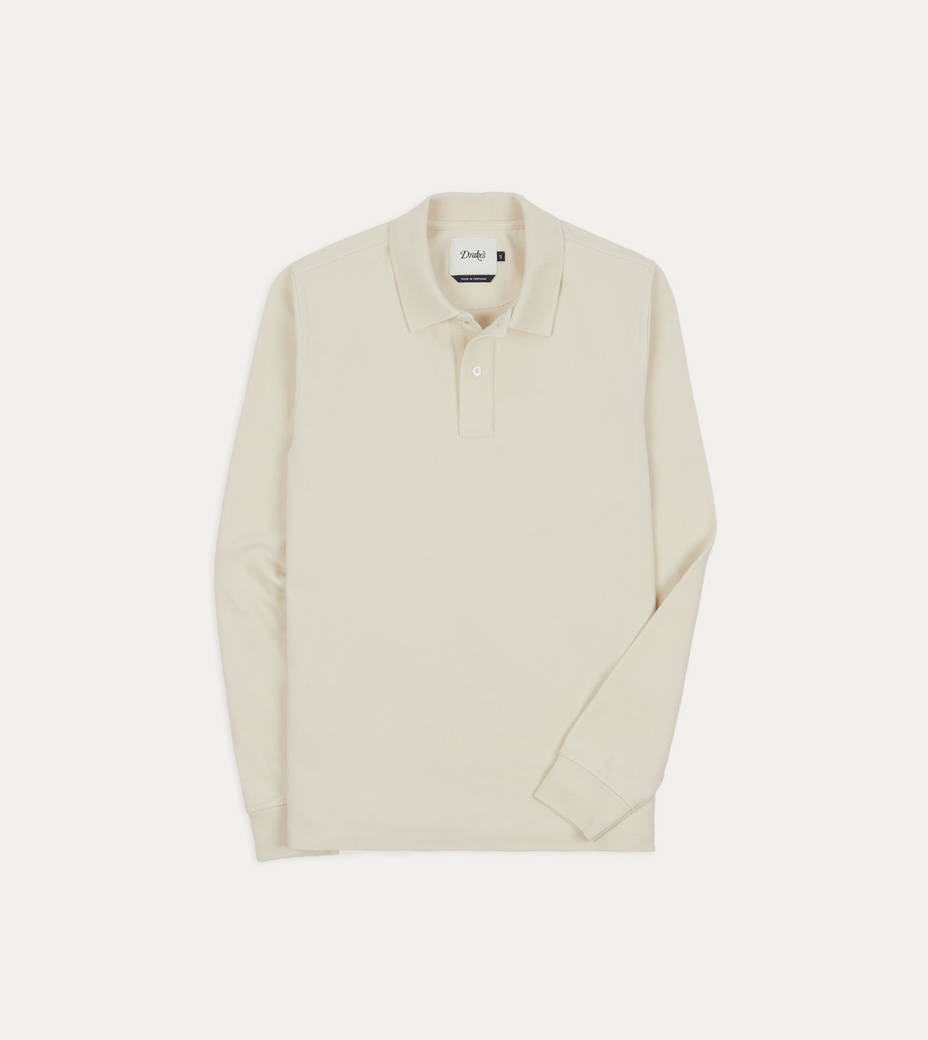 Ecru Pique Cotton Long-Sleeve Polo Shirt fuzzy texture
