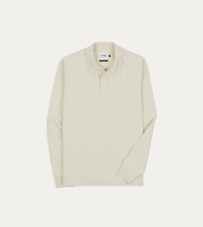 Ecru Pique Cotton Long-Sleeve Polo Shirt fuzzy texture
