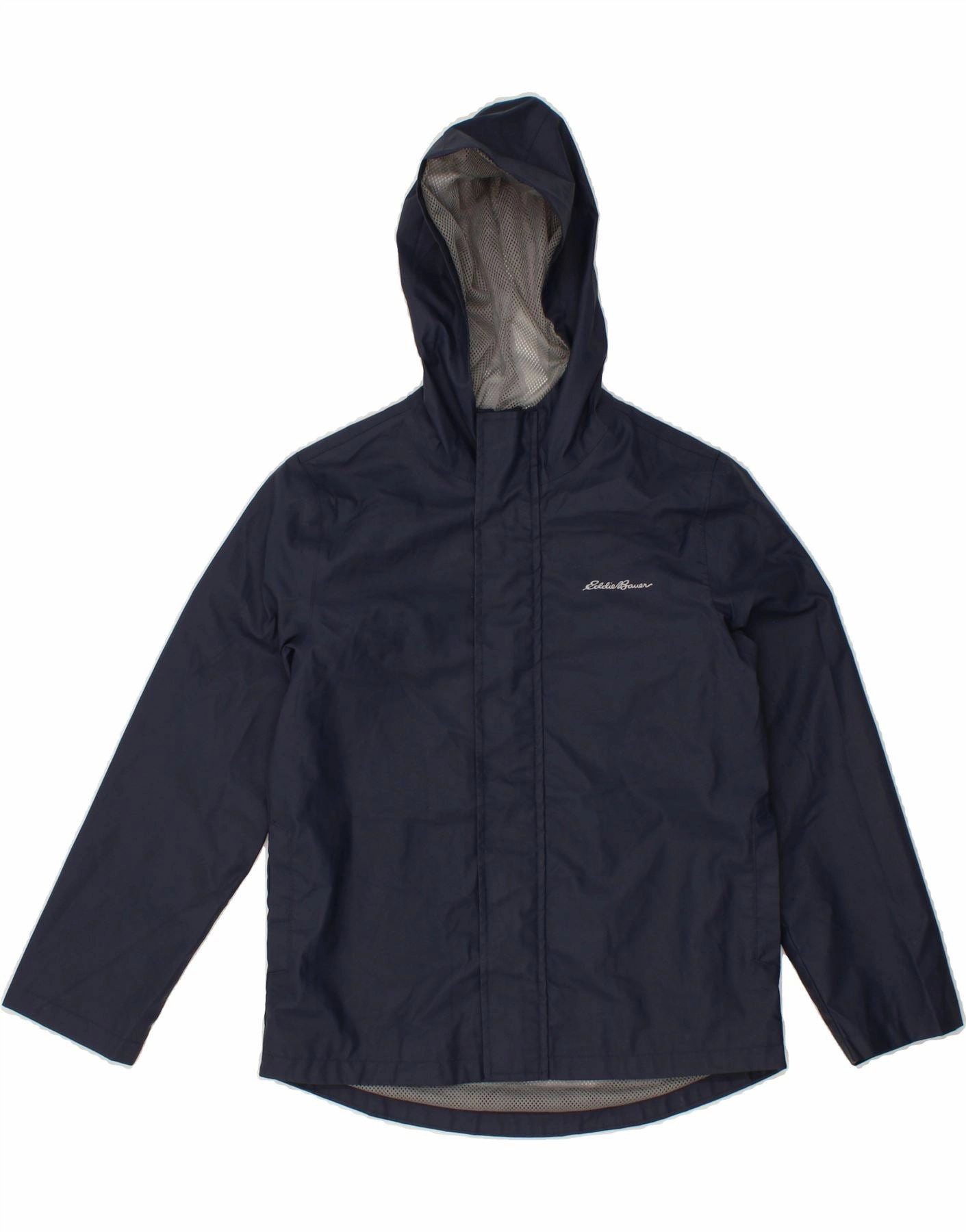 EDDIE BAUER Boys Hooded Rain Jacket 10-11 Years Large Navy Blue Polyester Symbol