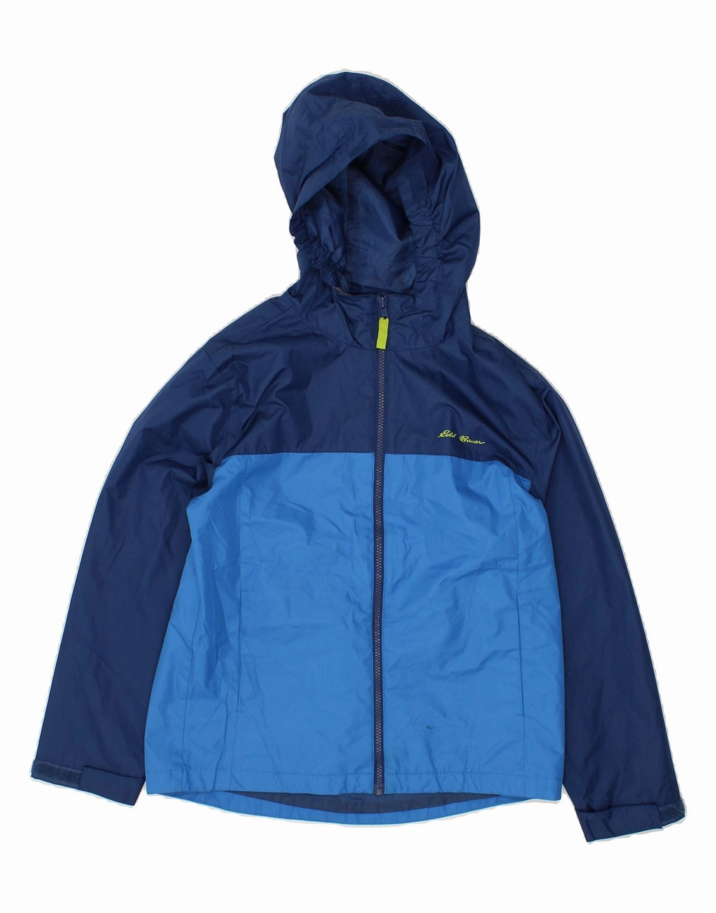 EDDIE BAUER Boys Hooded Rain Jacket 13-14 Years Blue Colourblock Nylon Collarless