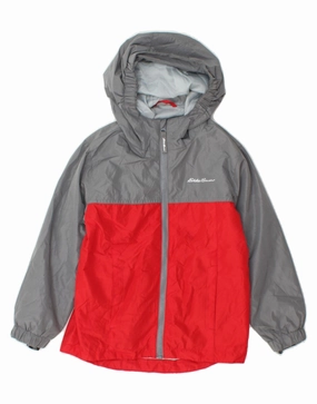 EDDIE BAUER Boys Hooded Rain Jacket 5-6 Years XS Red Colourblock Polyester Travel Fit