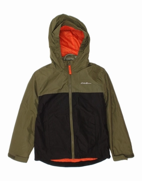 Network beach scene EDDIE BAUER Boys Hooded Rain Jacket 7-8 Years Small  Green Colourblock