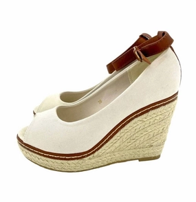 Low Top Women's Open Toe Canvas Espadrille Ankle Strap Wedge Shoes In Beige