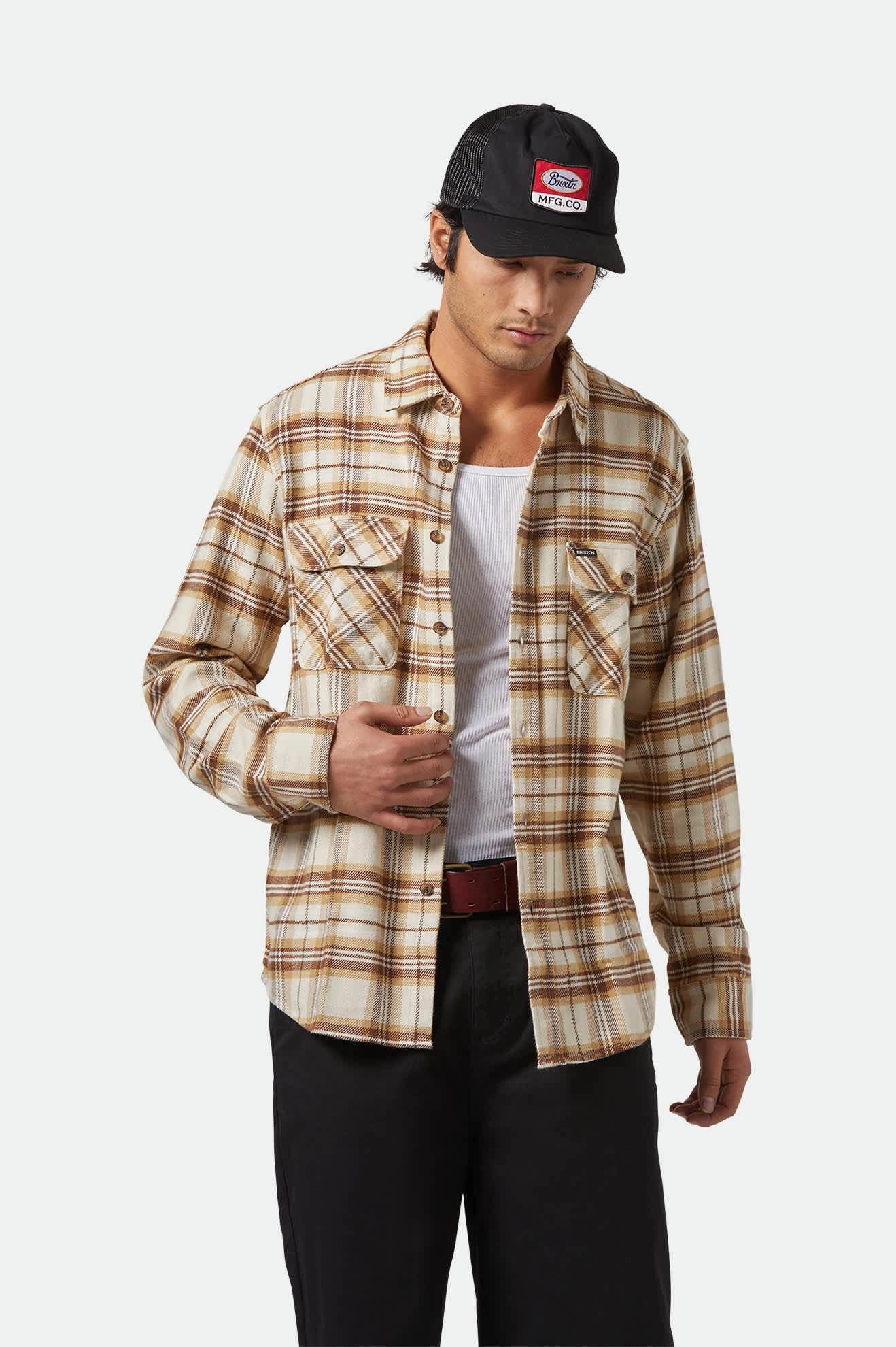 Bowery L/S Flannel - Whitecap/Sand/Pinecone Brown Clean Edge Trim Breathable Cotton