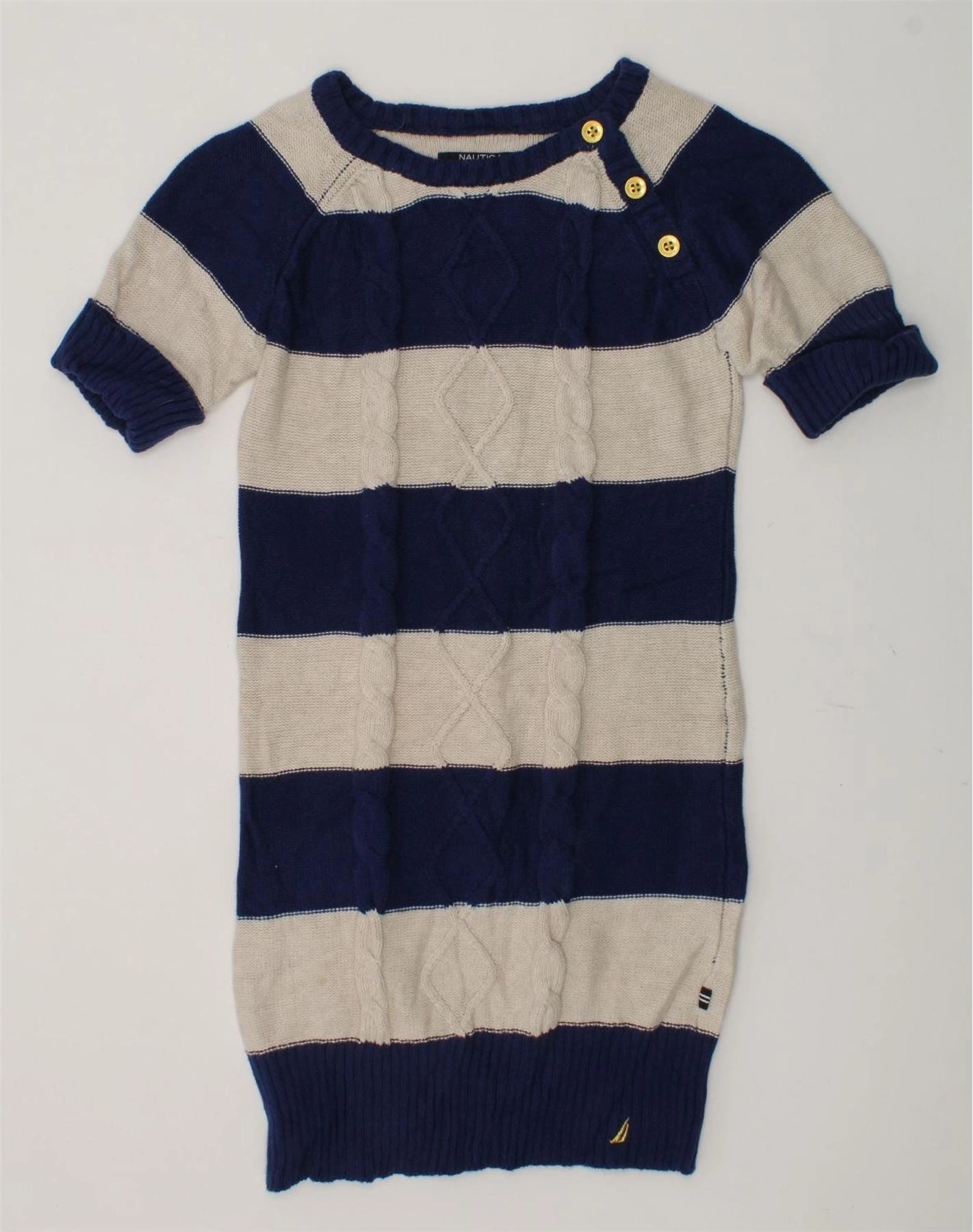 NAUTICA Girls Short Sleeve Jumper Dress 7-8 Years Navy Blue Striped Cotton Matte-finish