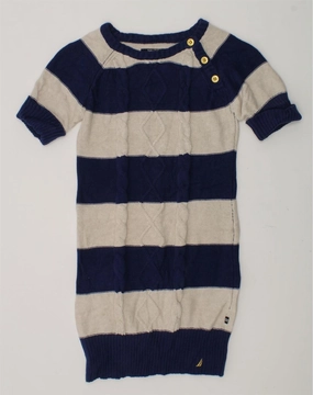 NAUTICA Girls Short Sleeve Jumper Dress 7-8 Years Navy Blue Striped Cotton Matte-finish