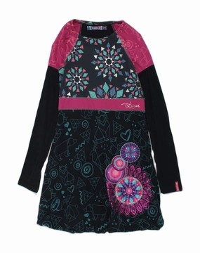 V Neckline DESIGUAL Girls Crazy Pattern A-Line Dress 13-14 Years Black Cotton