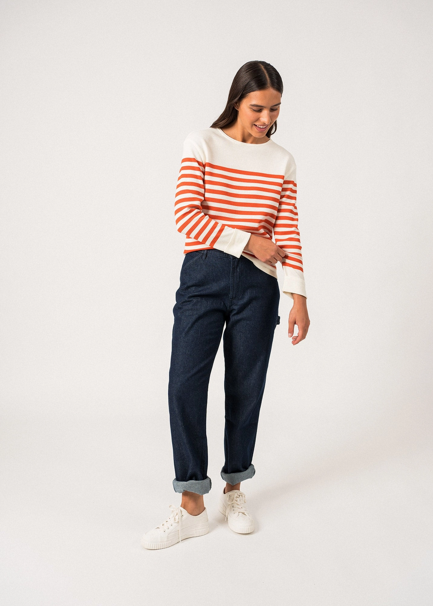ECRINS - Striped Sweater in Soft Wool for Women (IVORY / ORANGE) Layered Neckline Sophisticated Look