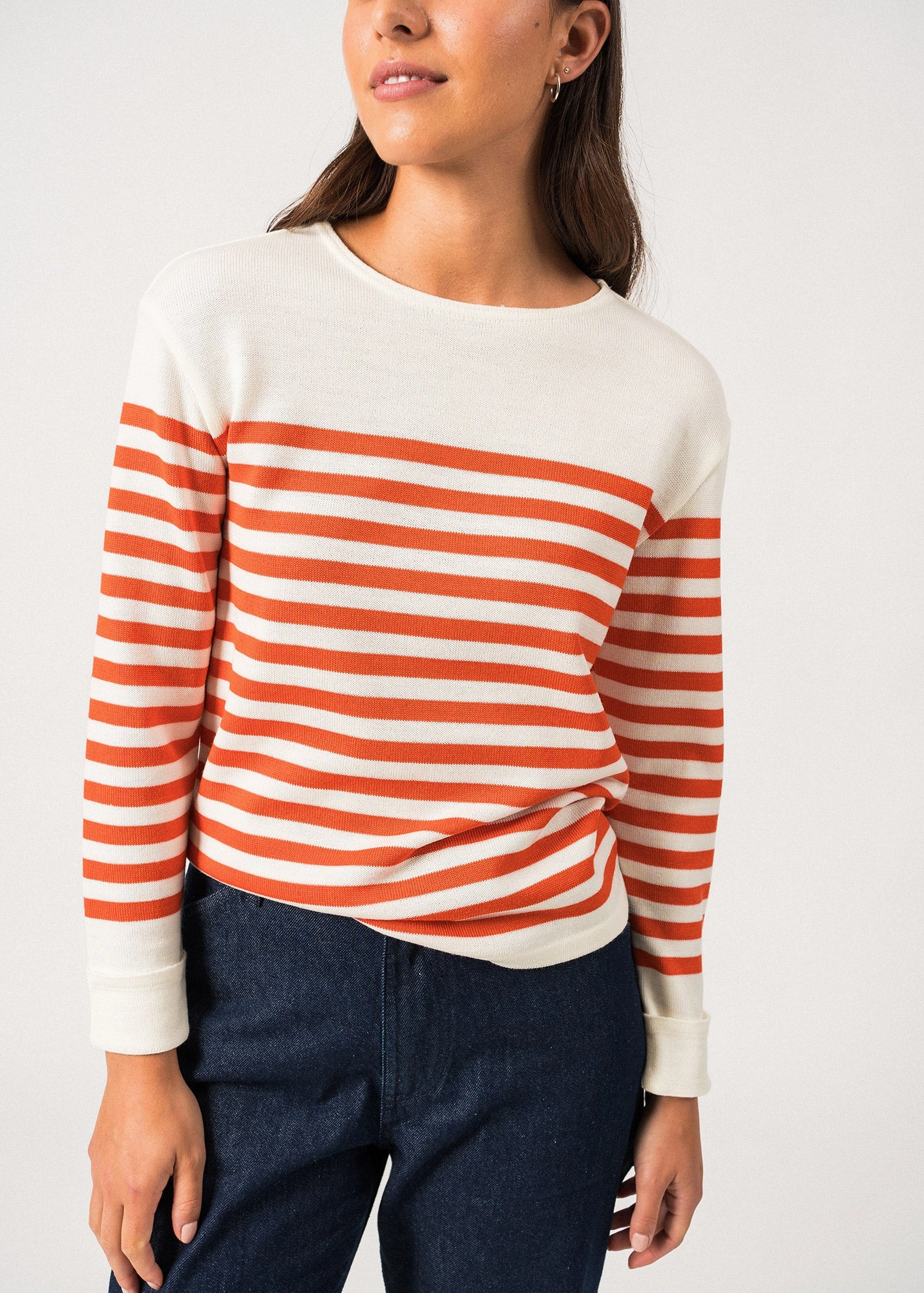 ECRINS - Striped Sweater in Soft Wool for Women (IVORY / ORANGE) Versatile Layering