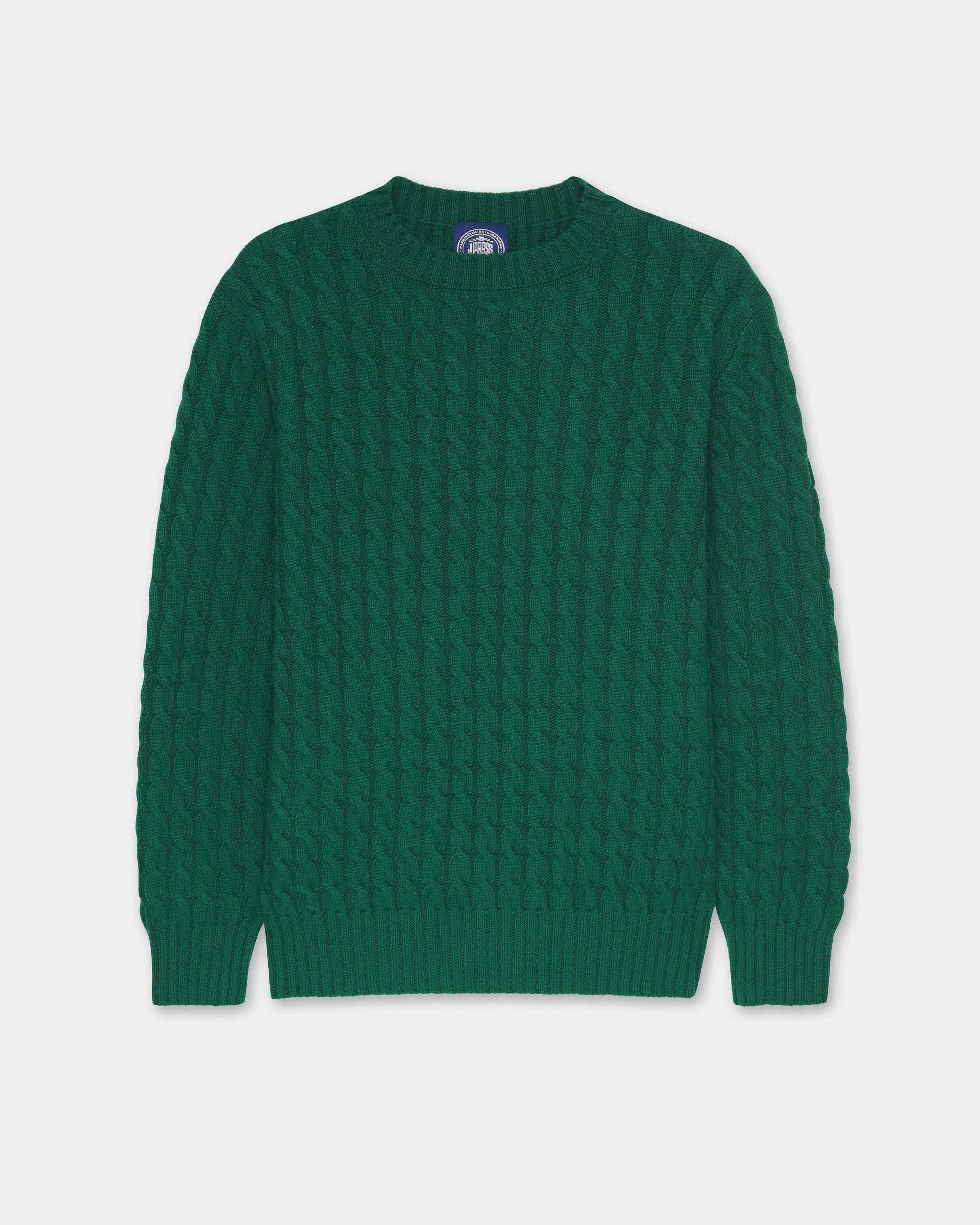 Made-in-Scotland Green Cable Knit Cashmere Sweater Relaxed Neckline