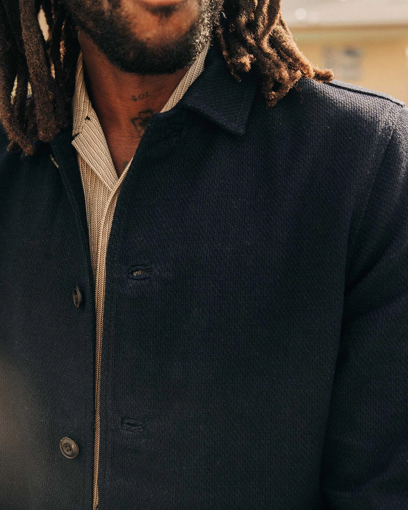 Convertible Collar Style Adaptive Layering System The Crew Jacket in Rinsed Indigo Sashiko