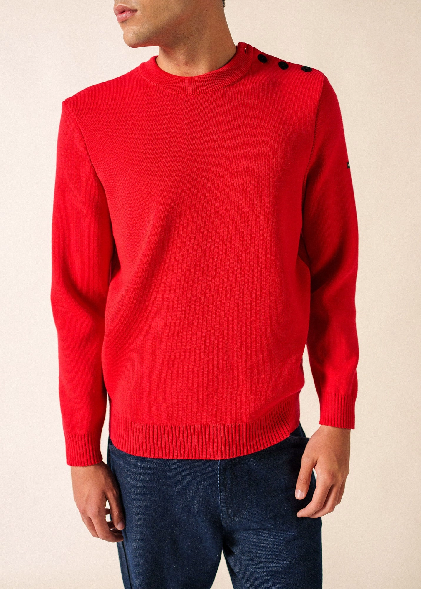 CANCALE - Wool Fisherman Sweater with Button Shoulder | Loose Fit (RED) Trendy Knitwear