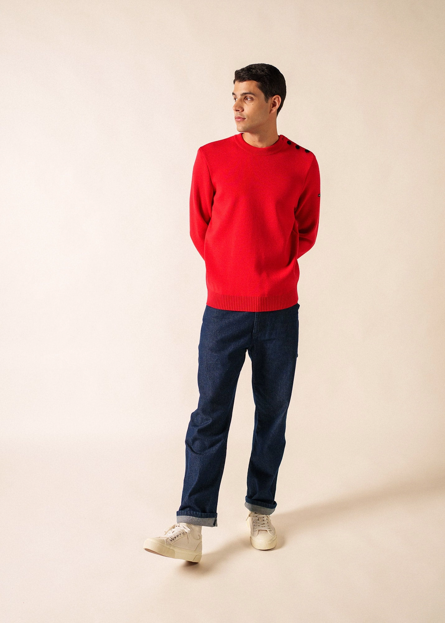 Side Slit Design Micro Gauge Knitting CANCALE - Wool Fisherman Sweater with Button Shoulder | Loose Fit (RED)