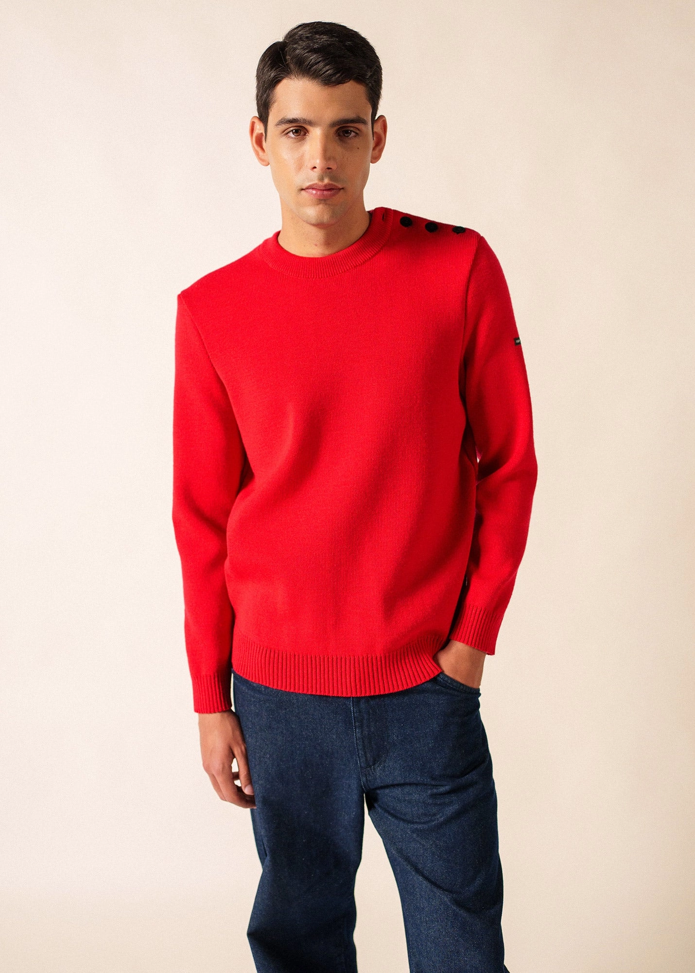 CANCALE - Wool Fisherman Sweater with Button Shoulder | Loose Fit (RED) Lightweight Layer