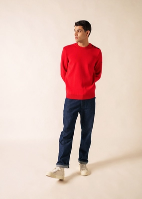 Side Slit Design Micro Gauge Knitting CANCALE - Wool Fisherman Sweater with Button Shoulder | Loose Fit (RED)