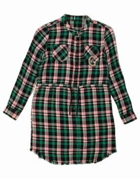 GUESS Girls Graphic Long Sleeve Shirt Dress 7-8 Years Green Check Cotton Effortless Look