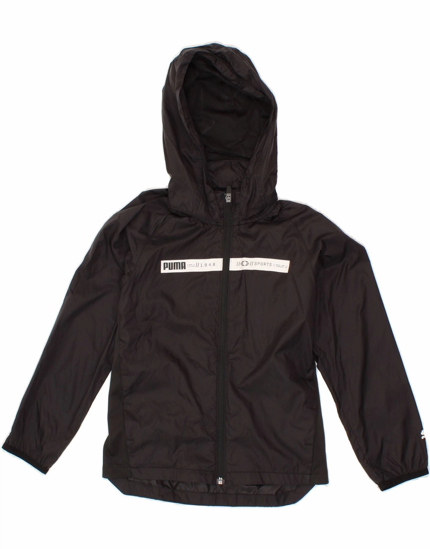 Storm Layer PUMA Boys Graphic Hooded Windbreaker Jacket 7-8 Years Small Black Nylon