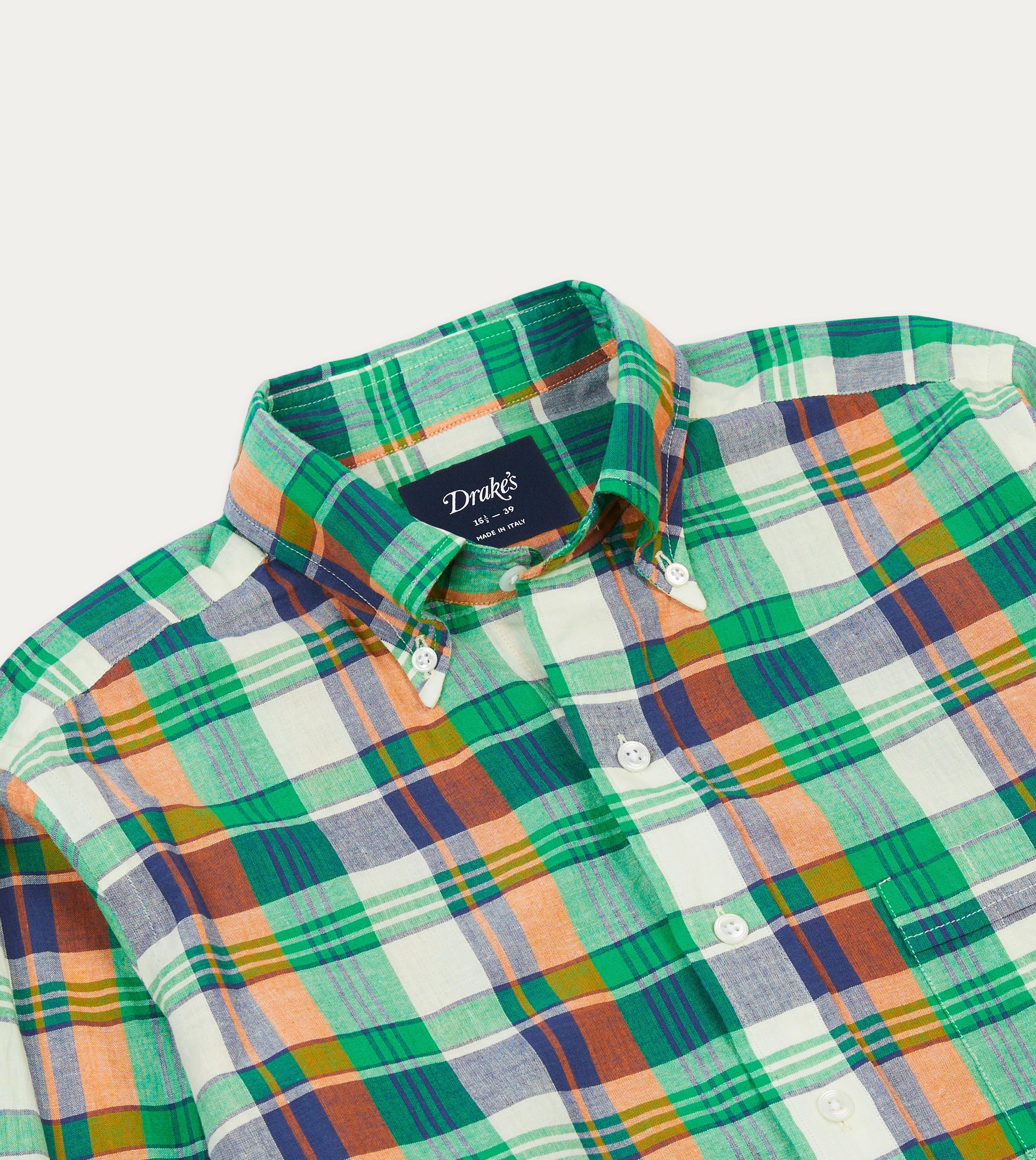 Green and Orange Madras Check Cotton Button-Down Shirt Classic Color