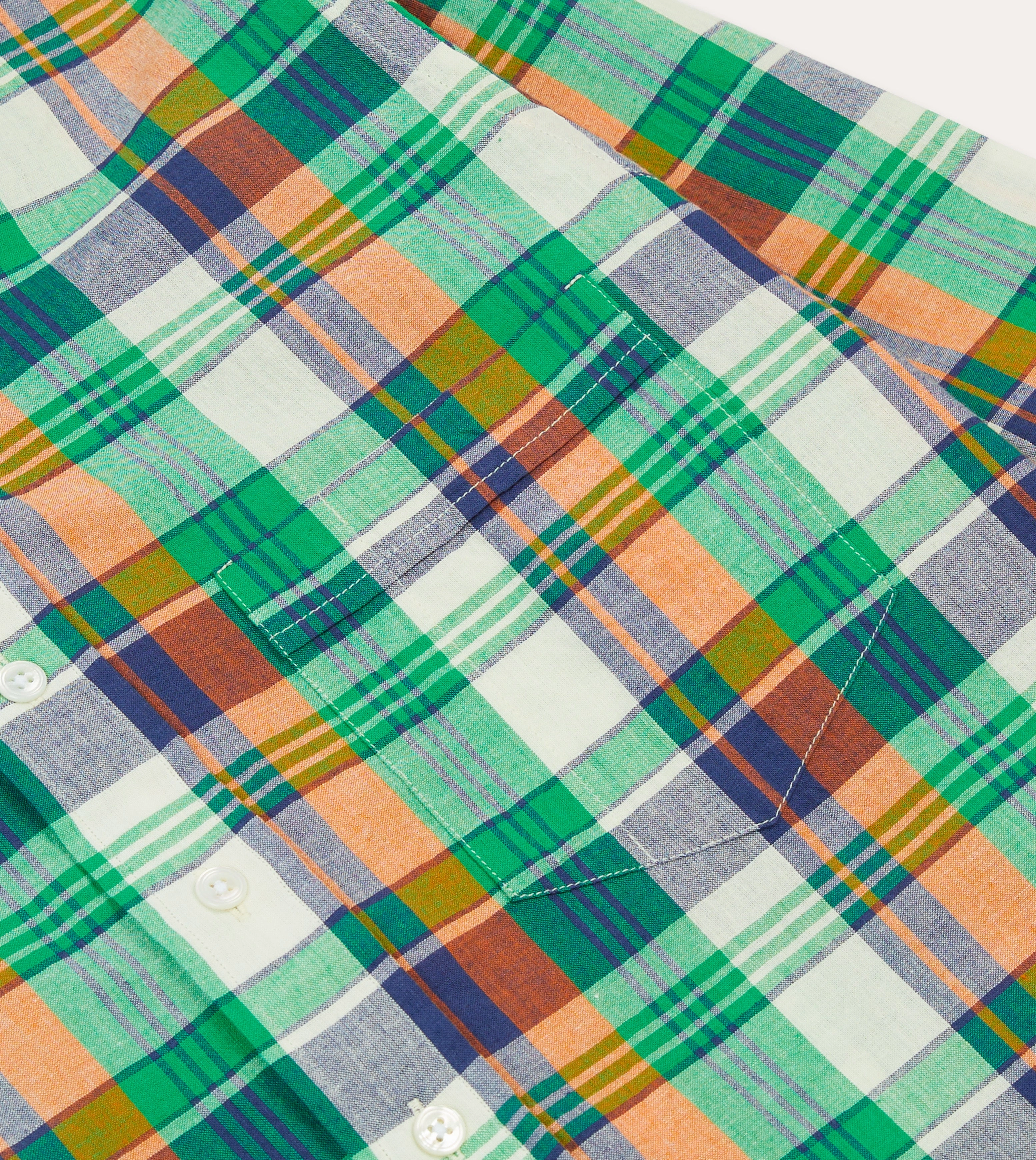 Green and Orange Madras Check Cotton Button-Down Shirt All Day Comfort Tech Denim Blend