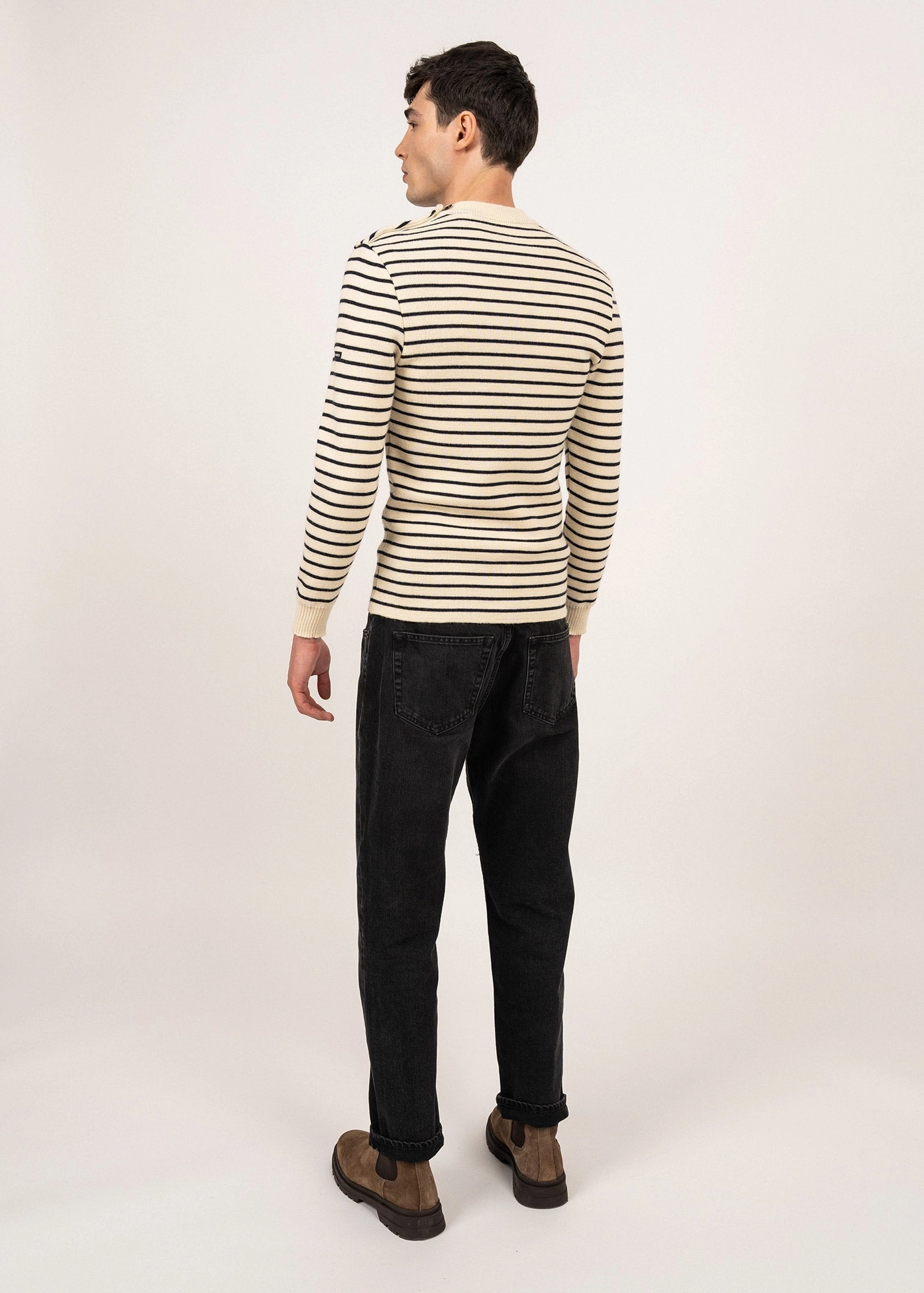 Colorfast Technology Comfy Design MATELOT - Authentic Striped Wool Fisherman Sweater with Button Shoulder |Slim Fit  (ECRU / NAVY)