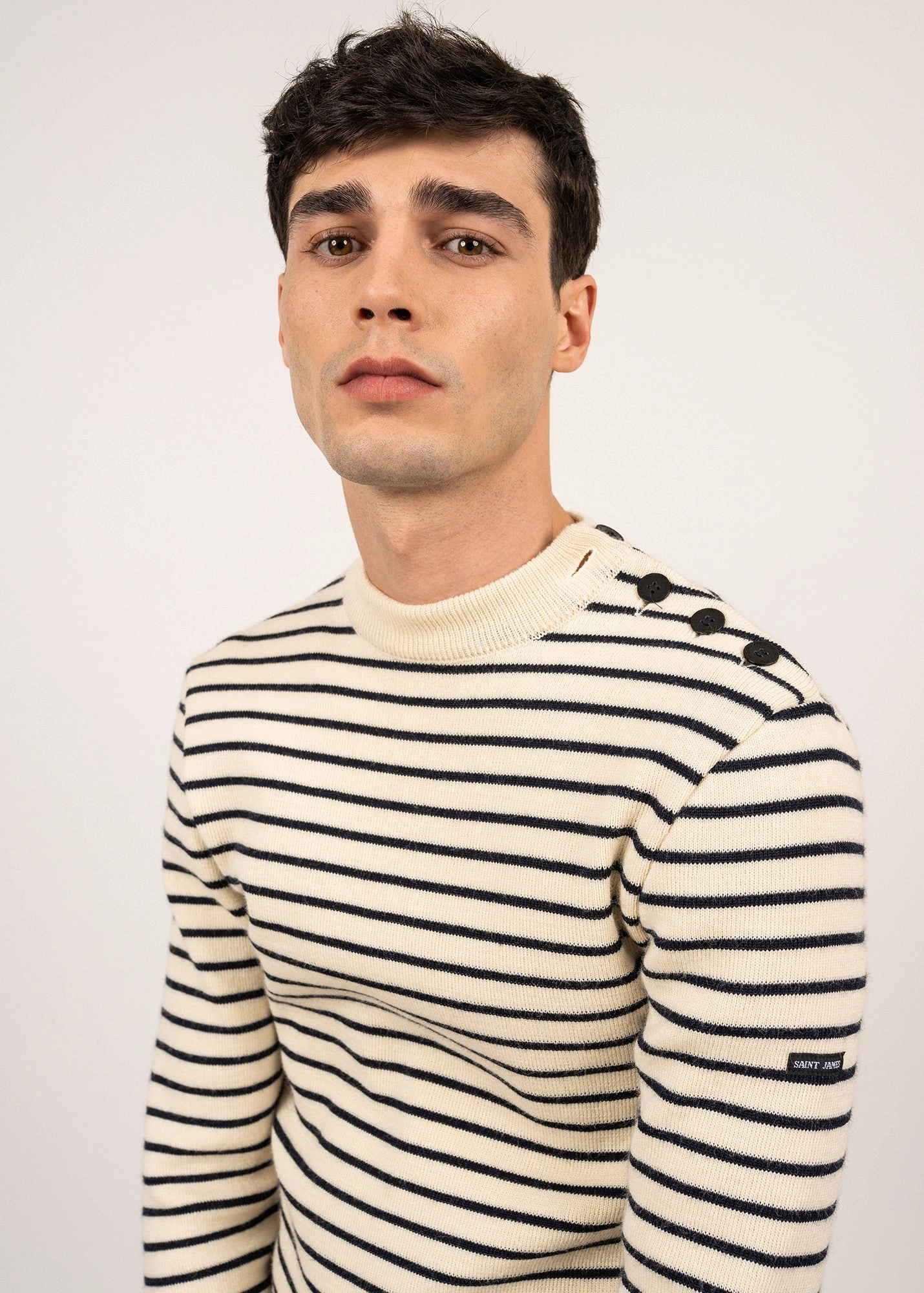 MATELOT - Authentic Striped Wool Fisherman Sweater with Button Shoulder |Slim Fit  (ECRU / NAVY) Eco Friendly Dye Process