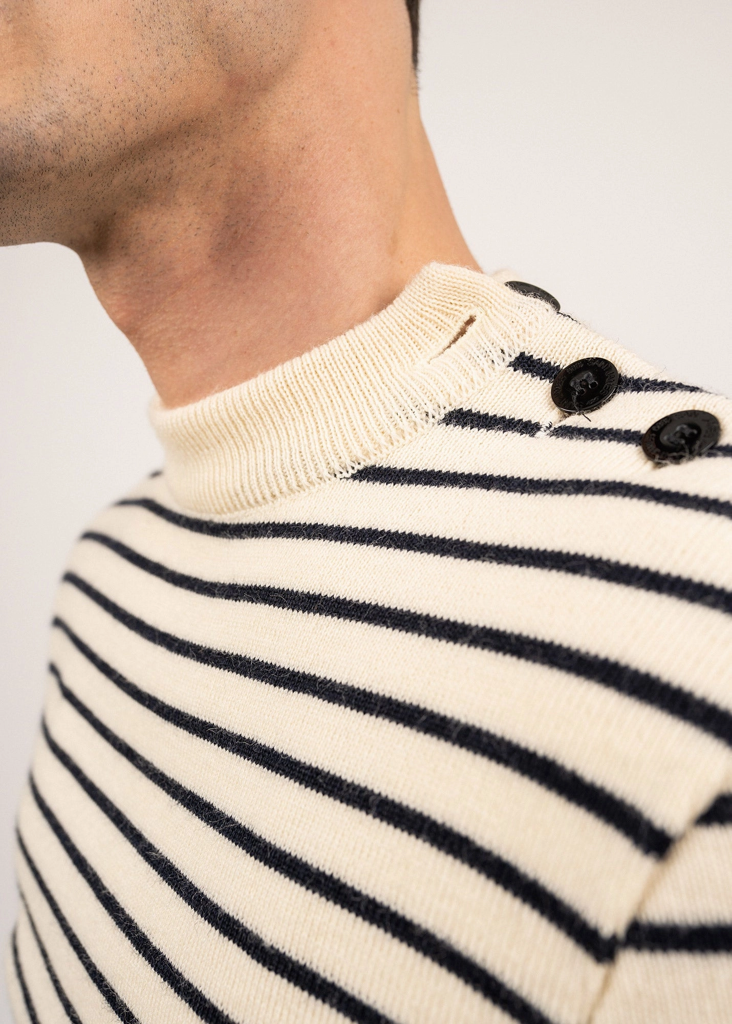 MATELOT - Authentic Striped Wool Fisherman Sweater with Button Shoulder |Slim Fit  (ECRU / NAVY) Chilly Knitwear