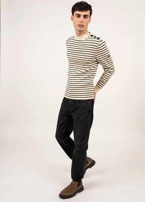 Winter Knit Layer MATELOT - Authentic Striped Wool Fisherman Sweater with Button Shoulder |Slim Fit  (ECRU / NAVY)
