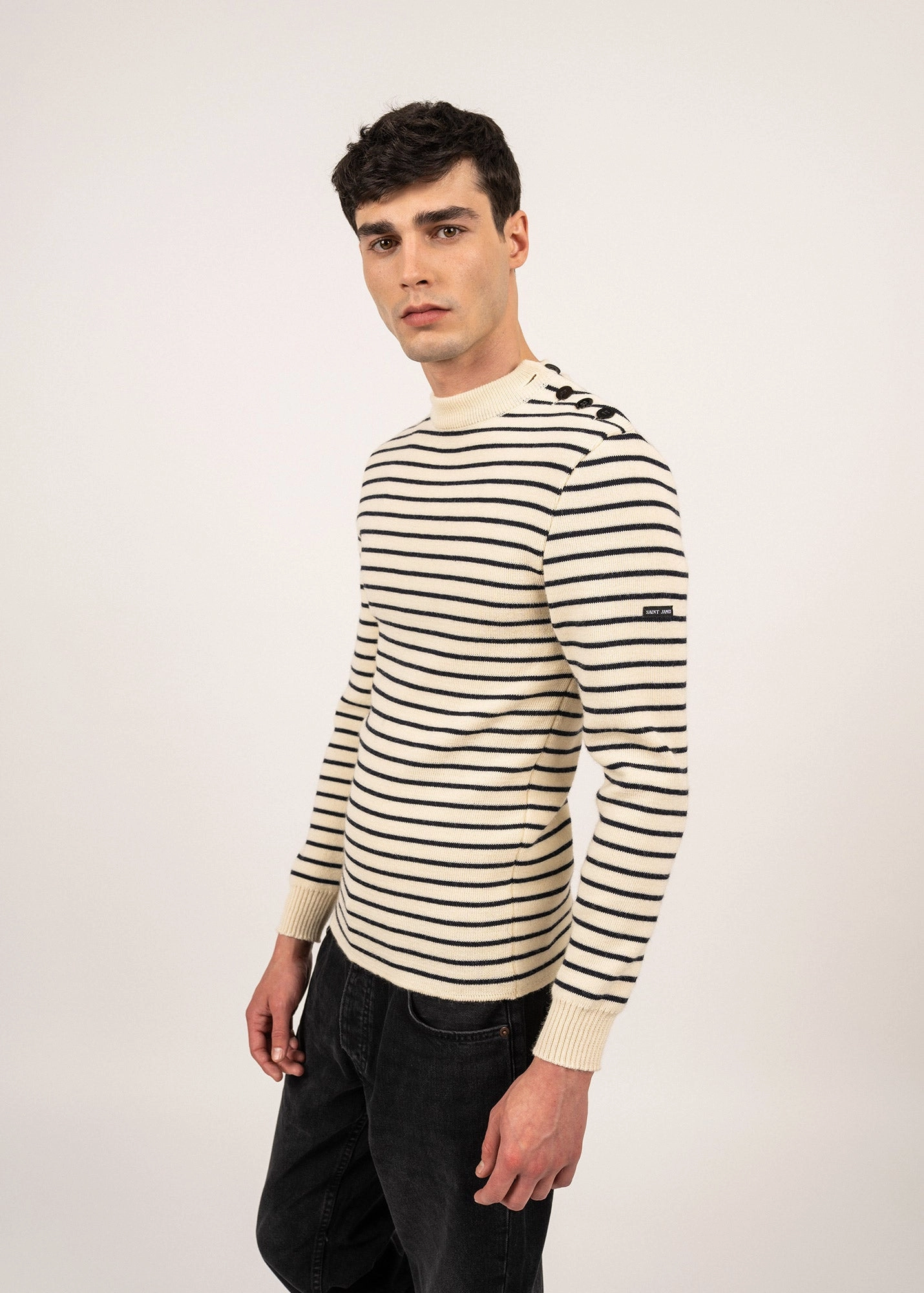 MATELOT - Authentic Striped Wool Fisherman Sweater with Button Shoulder |Slim Fit  (ECRU / NAVY) Perfect Wear