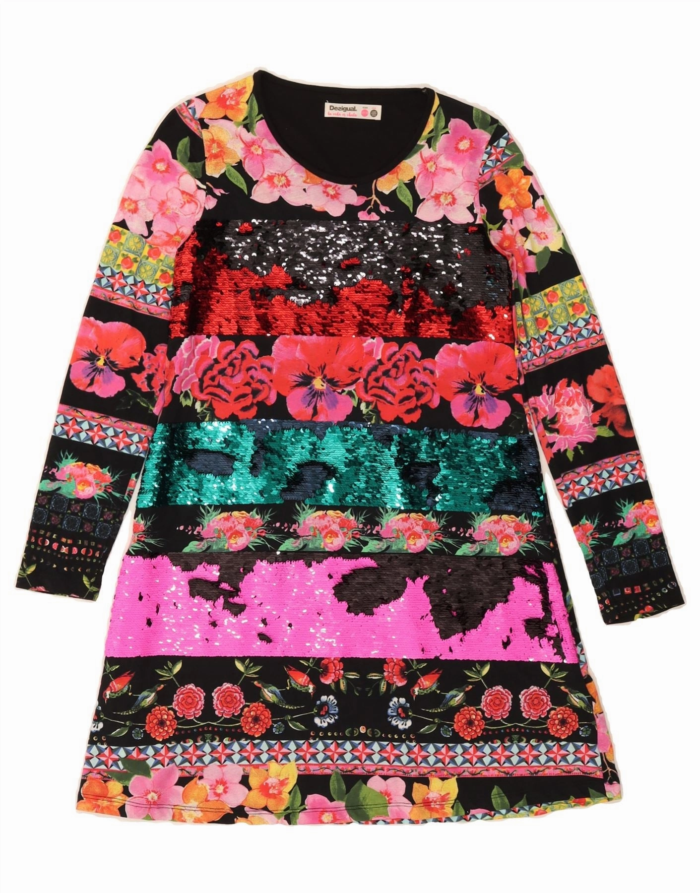 Urban Wear Sleek Feel DESIGUAL Girls Long Sleeve A-Line Dress 13-14 Years Multicoloured Floral