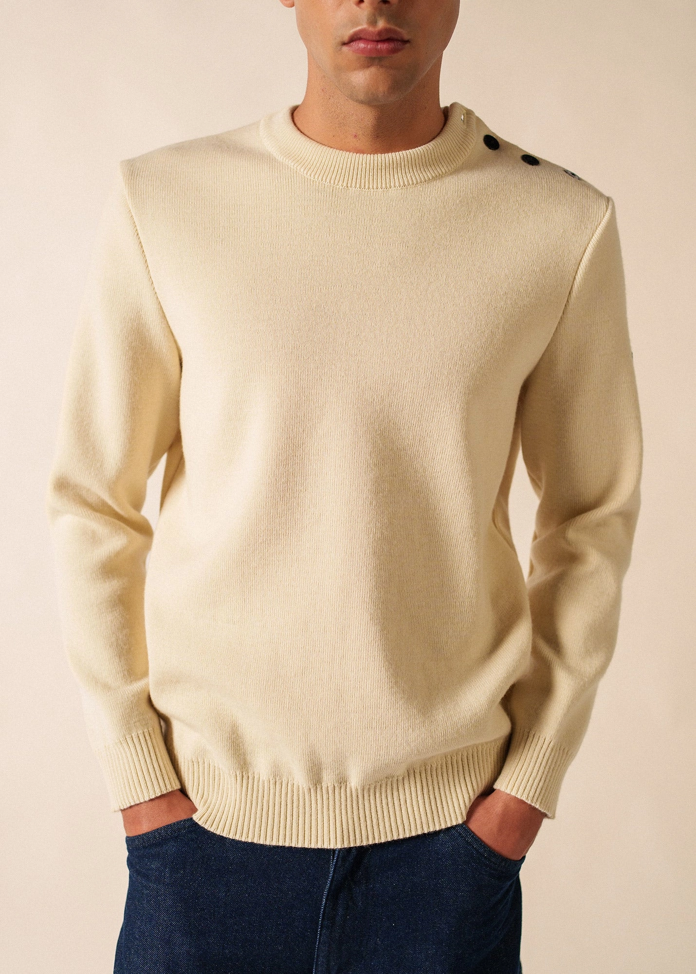 Casual Chic CANCALE - Wool Fisherman Sweater with Button Shoulder | Loose Fit (ECRU)