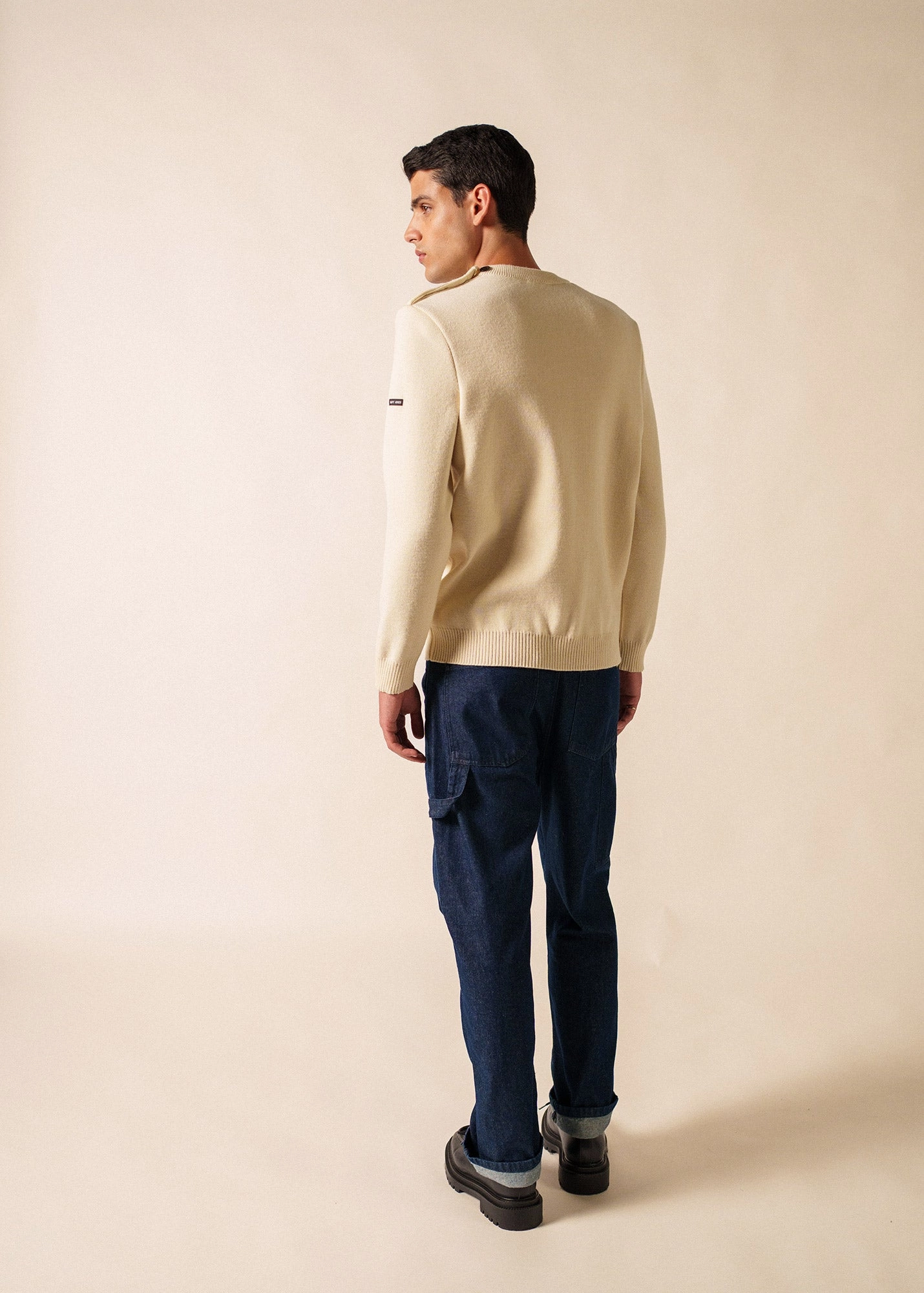 CANCALE - Wool Fisherman Sweater with Button Shoulder | Loose Fit (ECRU) Breathable Mesh Panels