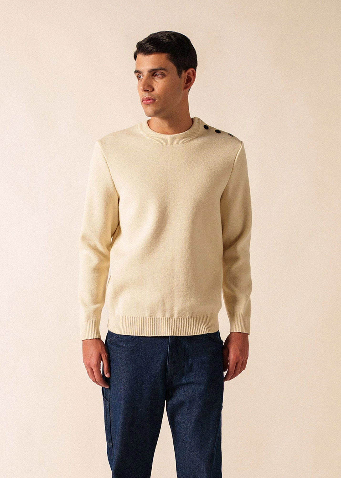 Essential Knitwear Warm Wear CANCALE - Wool Fisherman Sweater with Button Shoulder | Loose Fit (ECRU)