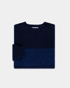 Snug Knit Made-in-Scotland Blue & Navy Shaggy Dog Block Stripe Sweater - Trim Fit