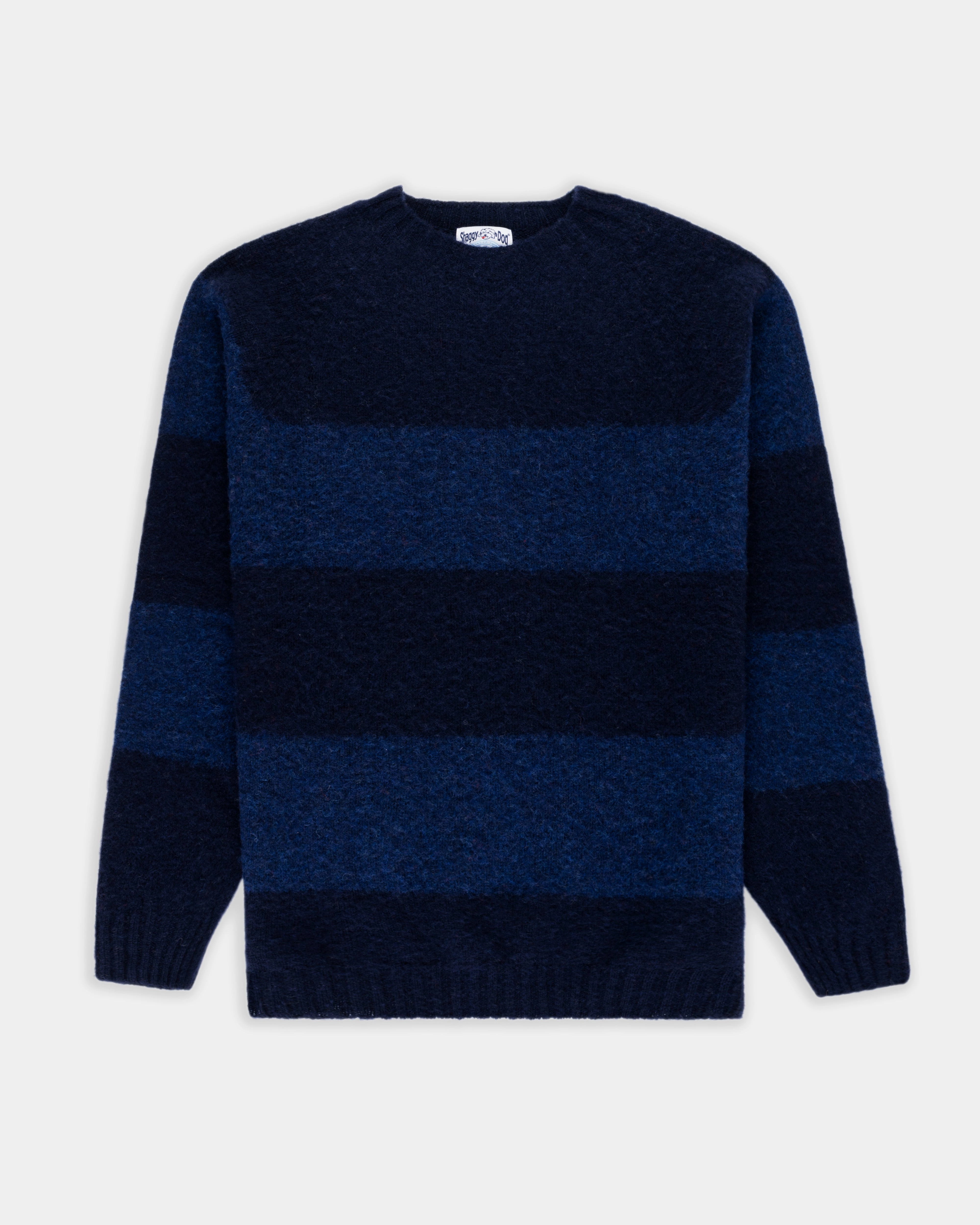 Cozy Knit Touch Made-in-Scotland Blue & Navy Shaggy Dog Block Stripe Sweater - Trim Fit
