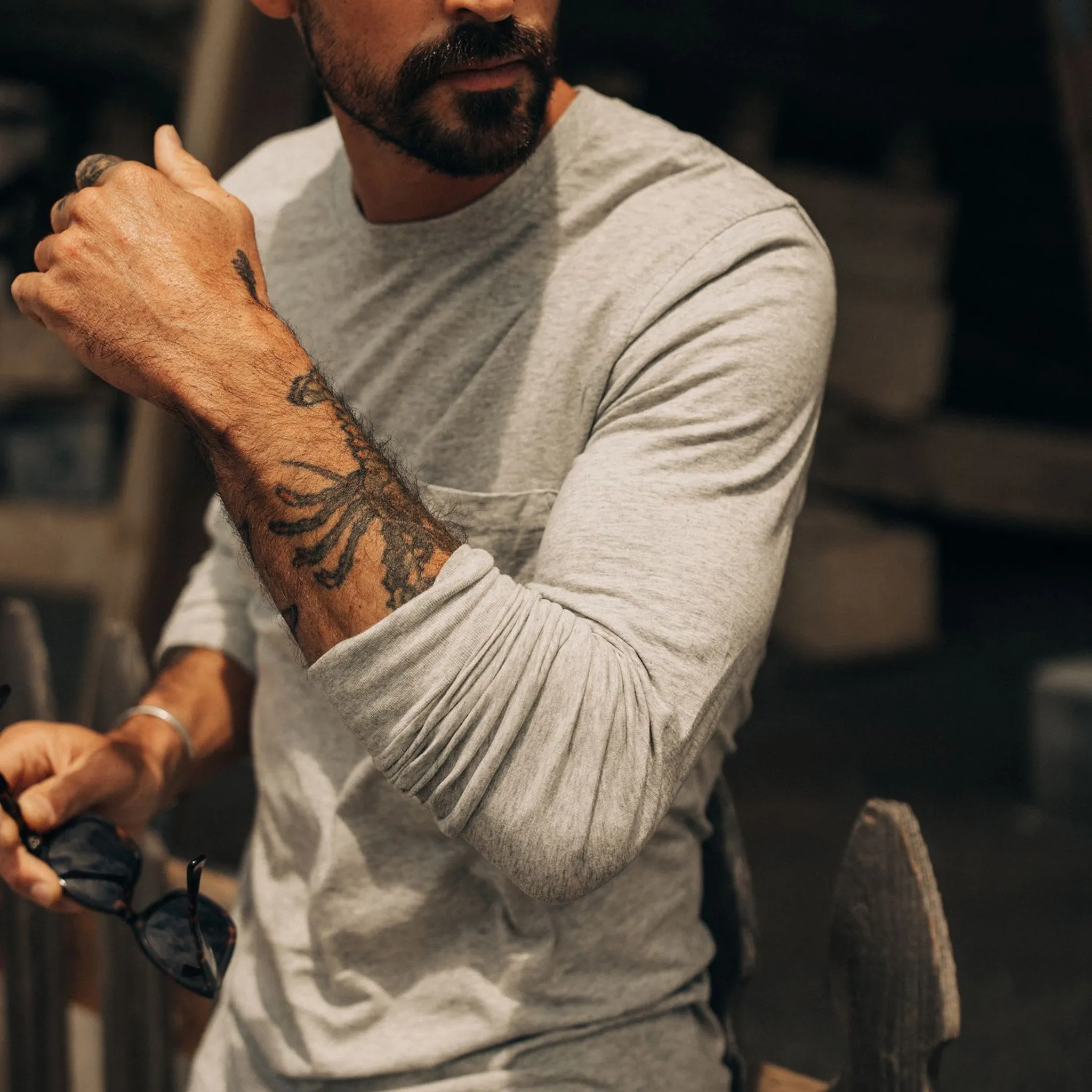 The Cotton Hemp Long Sleeve Tee in Heather Grey Structured silhouette Tear Resistant Knit