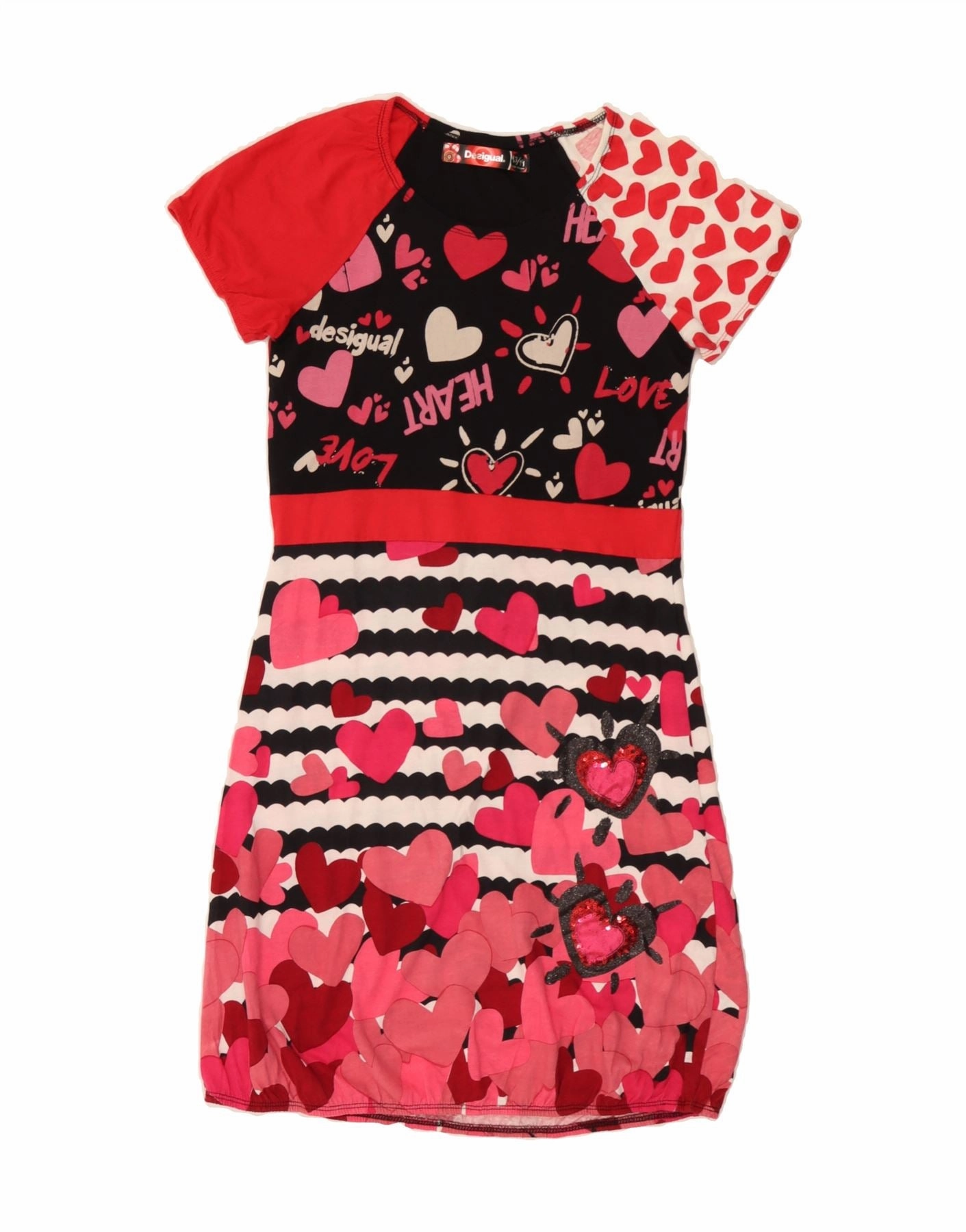 DESIGUAL Girls Graphic Basic Dress 13-14 Years Red Floral Cotton Bright Accent Delicate Edge