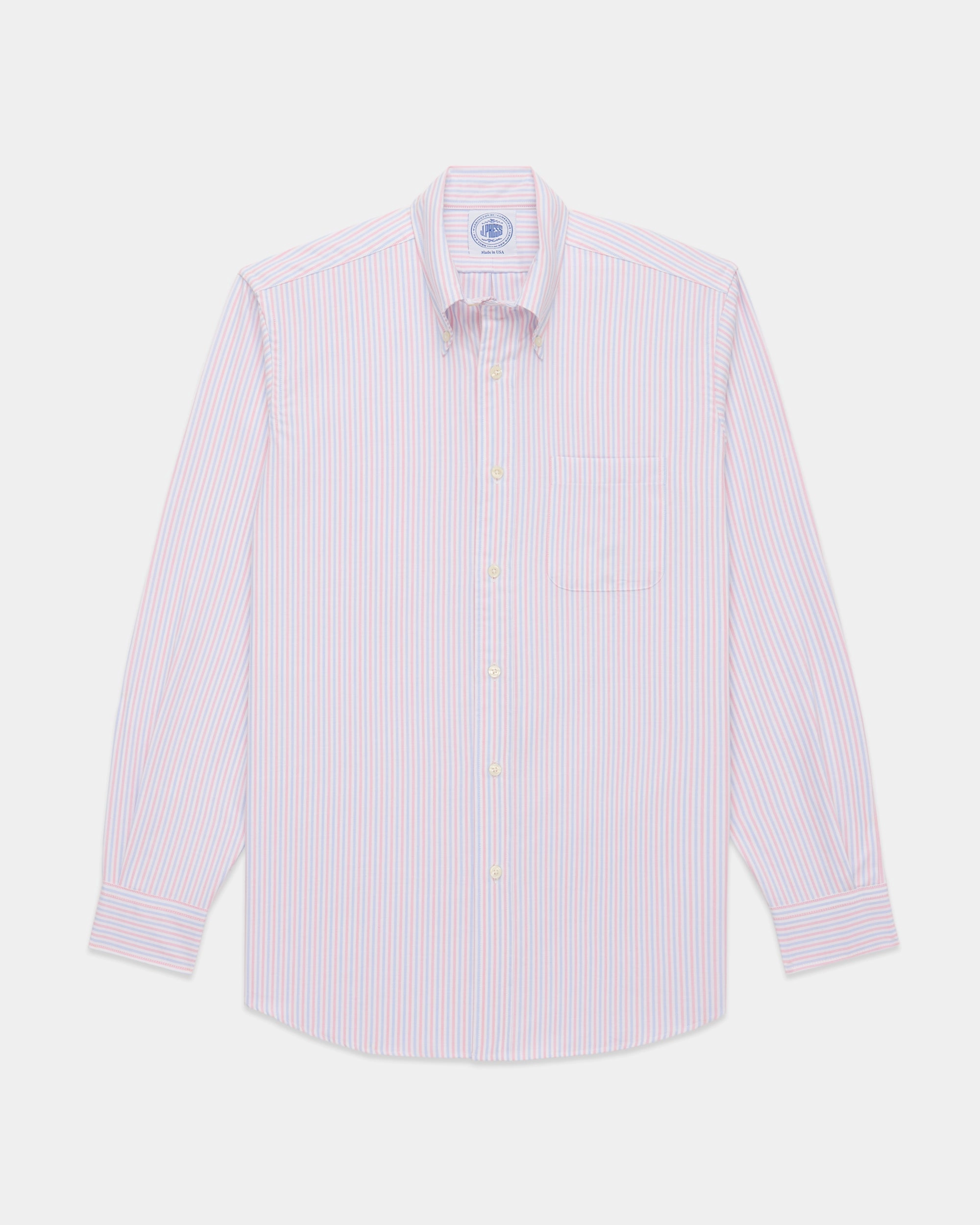 Two Tone Stitching Embroidered Logo Made-in-USA Blue & Pink Alternating Stripe Oxford Dress Shirt - Classic Fit