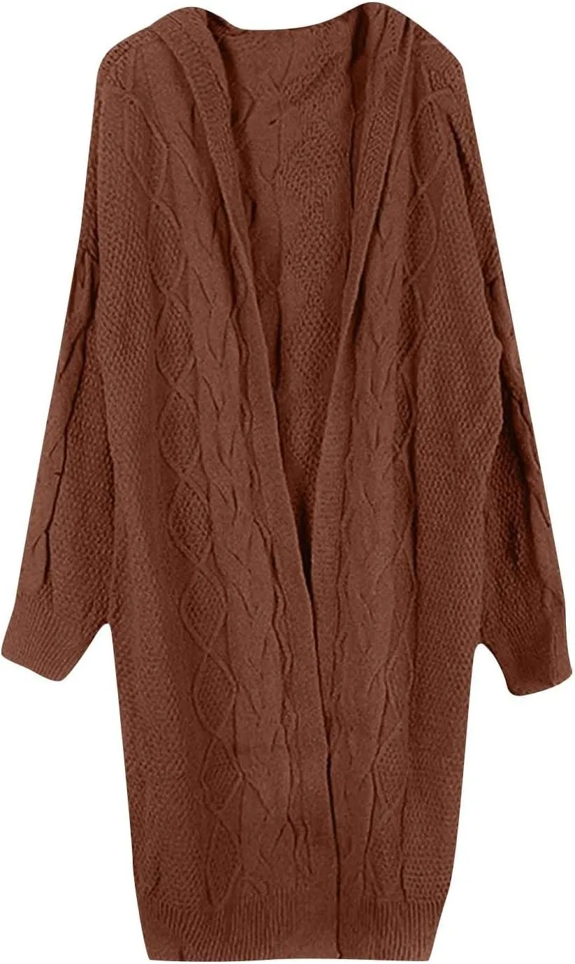 Fall Sweaters for Women 2024 Long Cardigans Cable Knitted Open Front Oversized Hooded Outerwear Sweater Coat