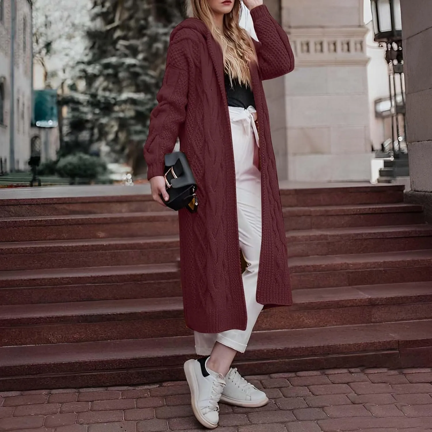 Fall Sweaters for Women 2024 Long Cardigans Cable Knitted Open Front Oversized Hooded Outerwear Sweater Coat