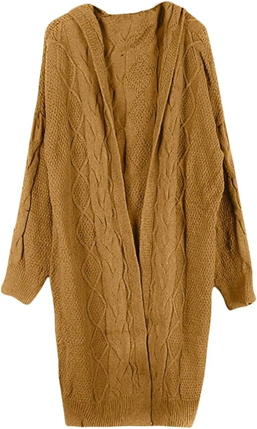 Fall Sweaters for Women 2024 Long Cardigans Cable Knitted Open Front Oversized Hooded Outerwear Sweater Coat