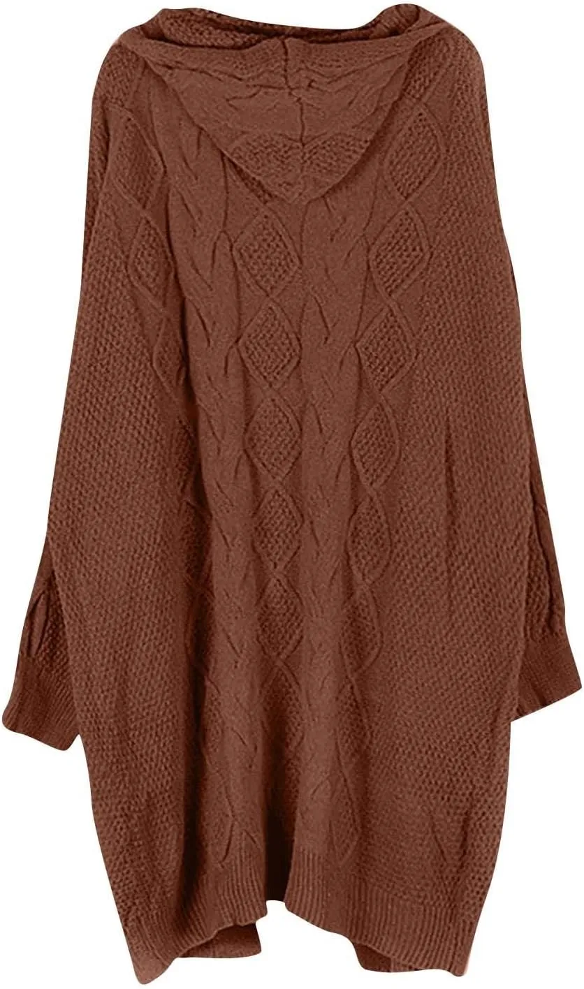 Fall Sweaters for Women 2024 Long Cardigans Cable Knitted Open Front Oversized Hooded Outerwear Sweater Coat