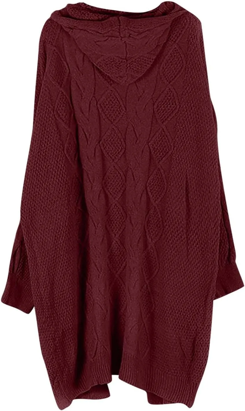 Fall Sweaters for Women 2024 Long Cardigans Cable Knitted Open Front Oversized Hooded Outerwear Sweater Coat