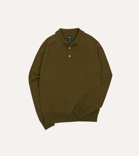 Olive Alpaca Wool Knitted Polo Breathable Mesh Paneling Stretch Knit Backing